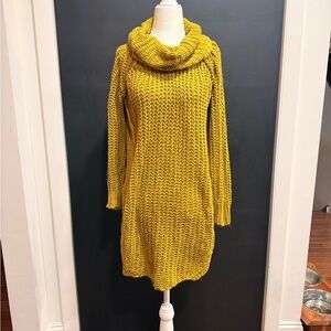 Cozy Mustard Cowell Neck Knit Sweater Dress - medium